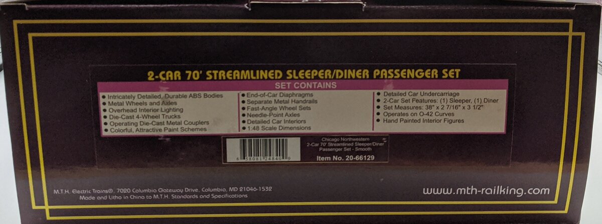 MTH 20-66129 O C&NW 70’ Streamlined Slpr/Diner Smooth Passenger Set (Set of 2)