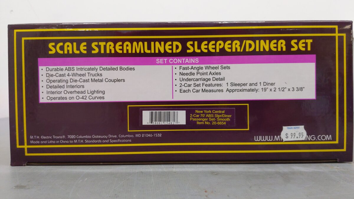 MTH 20-6654 O NYC 70' Streamlined Sleeper/Diner Passenger Car Set (Set of 2) EX/Box