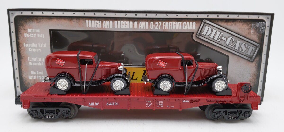 MTH 30-8303 O Gauge Milwaukee Road Die-Cast Flatcar w/Ertl '32 Panel Vans LN/Box