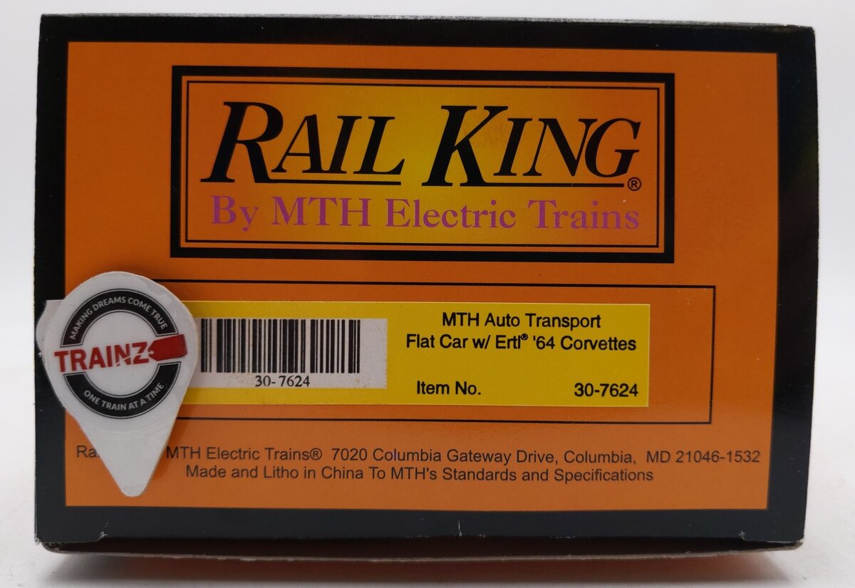 MTH 30-7624 O Gauge Auto Transport Flatcar with 2 Ertl '64 Corvettes #19640 LN/Box