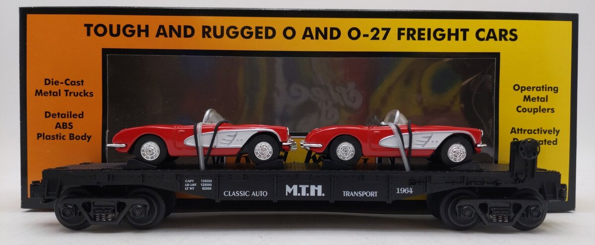 MTH 30-7624 O Gauge Auto Transport Flatcar with 2 Ertl '64 Corvettes #19640 LN/Box