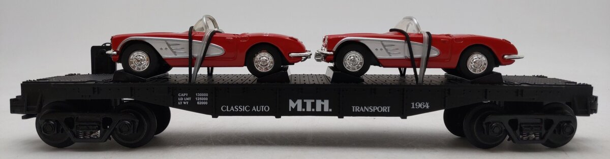 MTH 30-7624 O Gauge Auto Transport Flatcar with 2 Ertl '64 Corvettes #19640 LN/Box