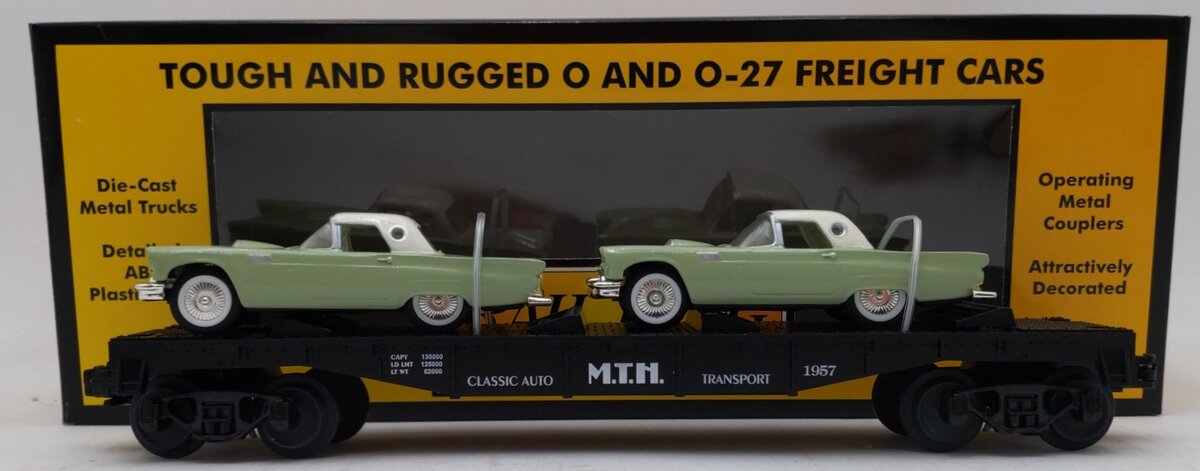 MTH 30-7613 O Gauge Auto Transport Flatcar with Two ThunderBirds EX/Box