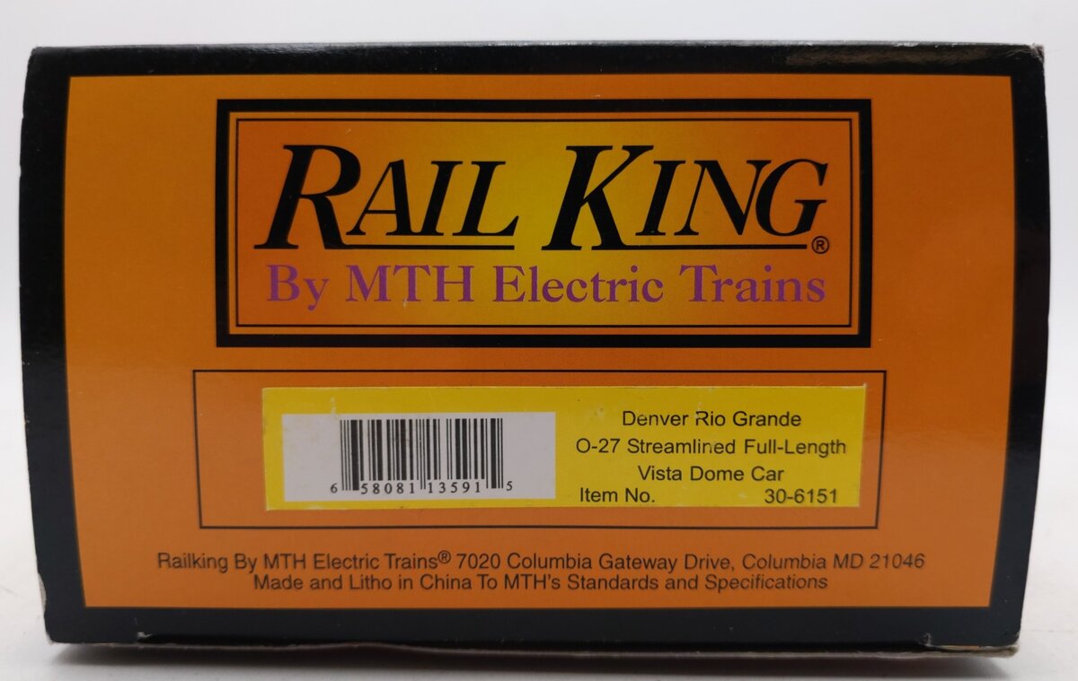 MTH 30-6151 D&RGW O27 Streamlined Full Vista Dome Car LN/Box