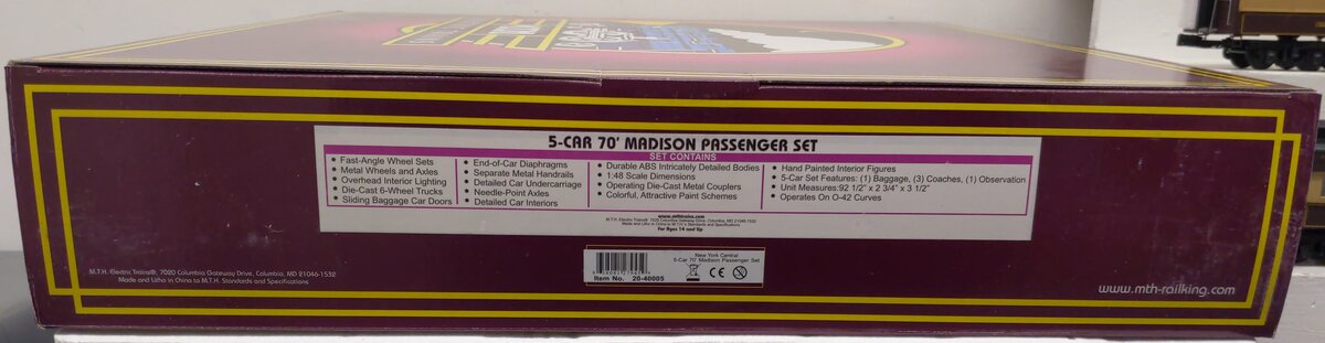 MTH 20-40005 O New York Central 70' Madison Passenger Car Set (Set of 5) EX/Box