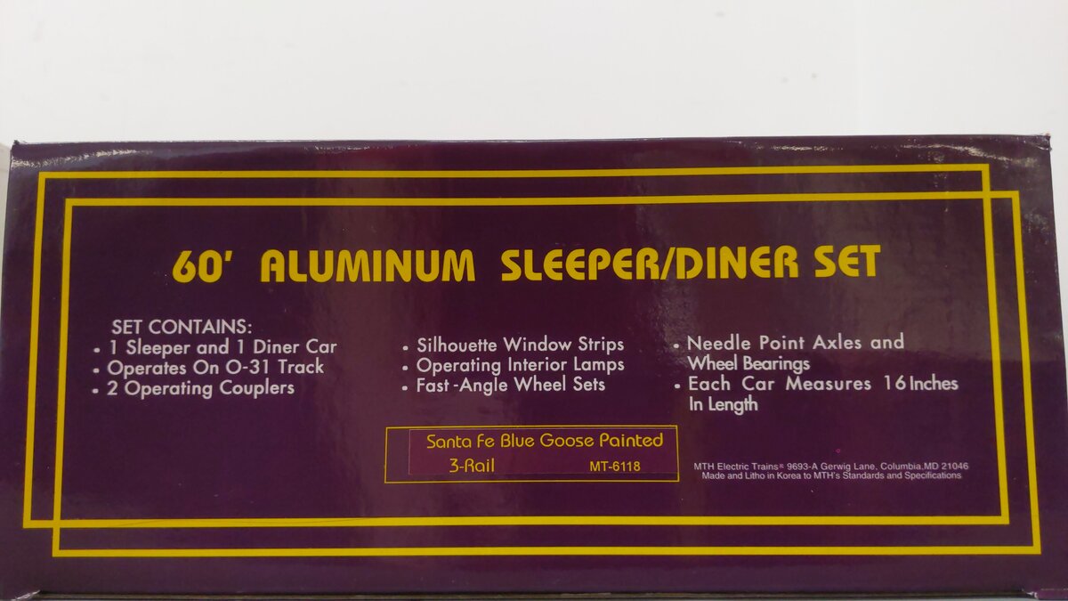 MTH 20-6118 O Santa Fe 60' Sleeper/Diner Aluminum Passenger Car Set (Set of 2) EX/Box
