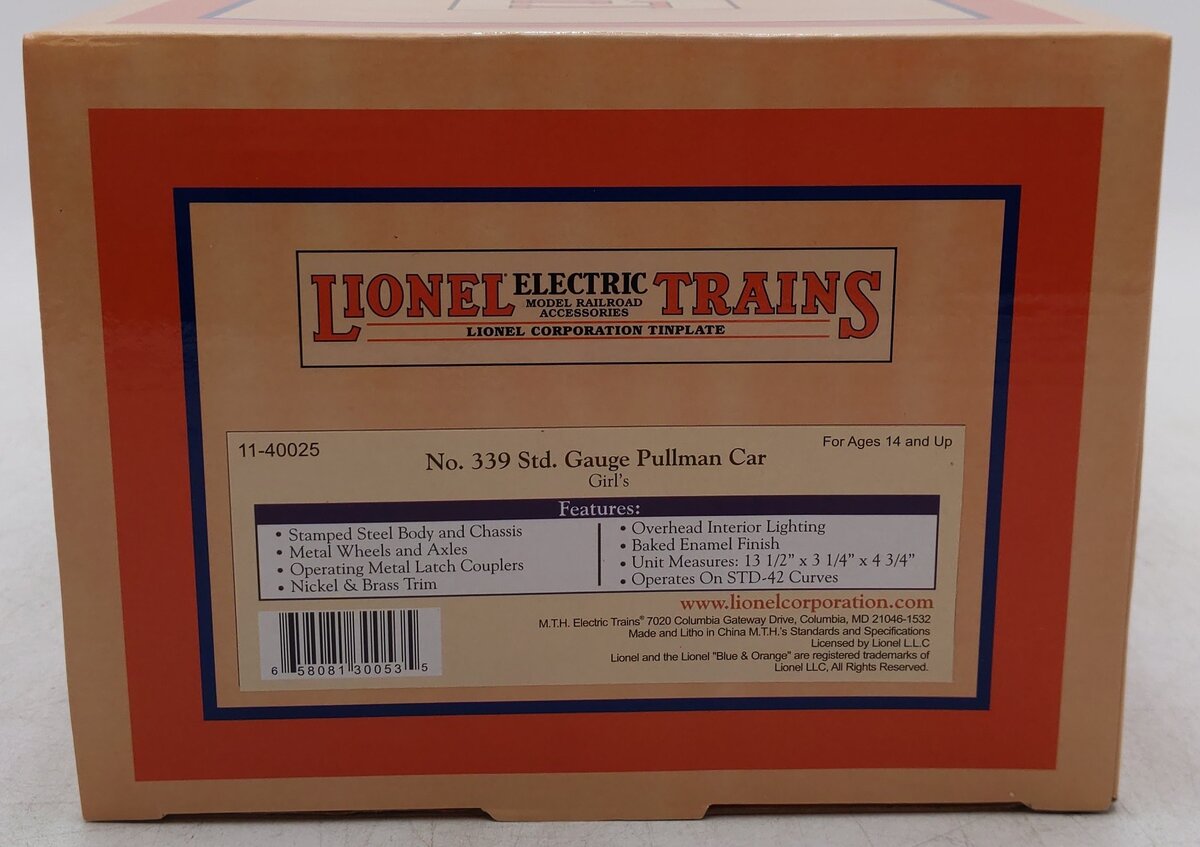 MTH 11-40025 Standard Gauge Lionel Lines Pullmen Pink Coach Passenger Car #339 NIB