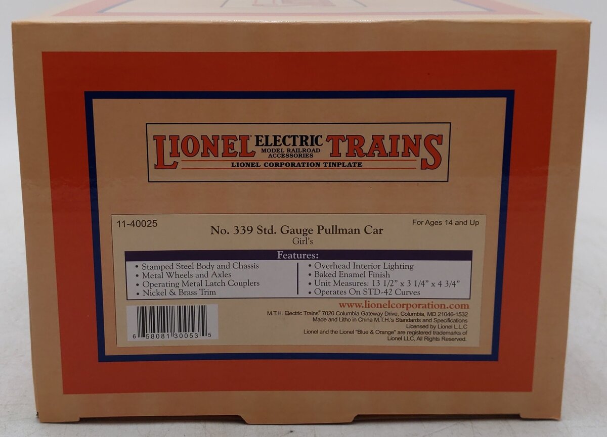MTH 11-40025 Standard Gauge Lionel Lines Pullmen Pink Coach Passenger Car #339 NIB
