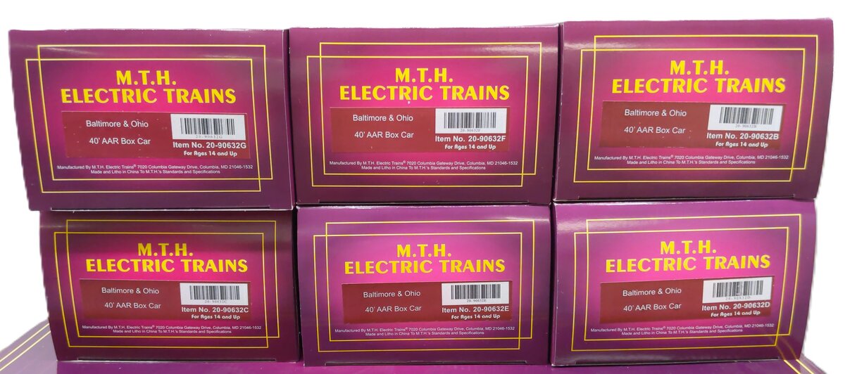 MTH 20-90632 O Gauge Baltimore & Ohio 40' AAR Boxcar Set (6) LN/Box