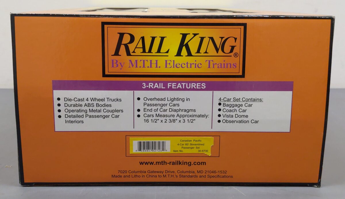 MTH 30-6730 O Canadian Pacific RailKing 60' Streamlined Passenger Set (Set of 4) LN/Box