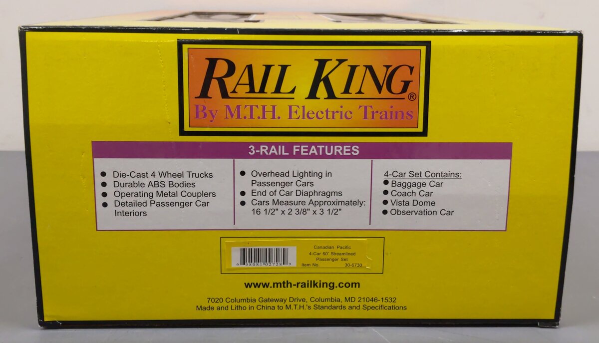 MTH 30-6730 O Canadian Pacific RailKing 60' Streamlined Passenger Set (Set of 4) LN/Box