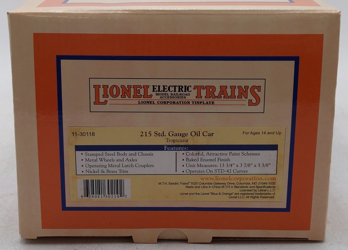MTH 11-30118 Standard Gauge Tropicana Lionel Replica Tank Car #825 LN/Box