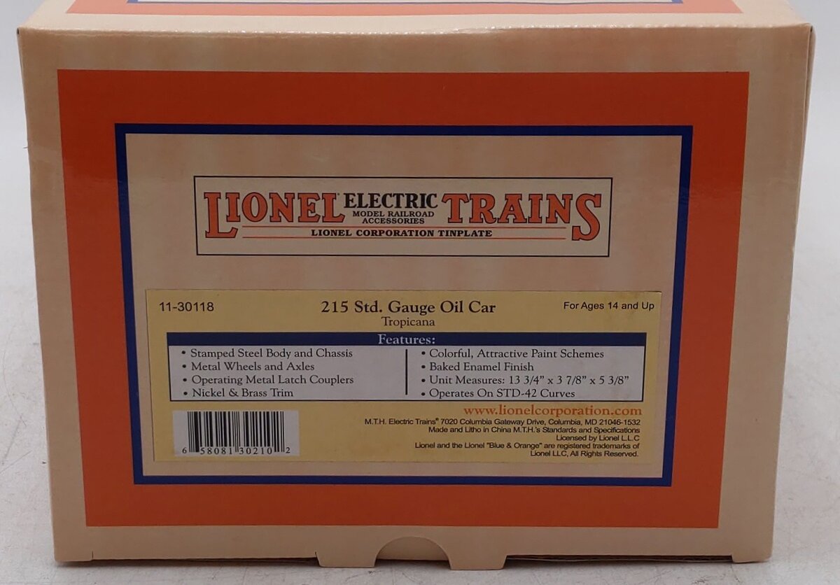 MTH 11-30118 Standard Gauge Tropicana Lionel Replica Tank Car #825 LN/Box