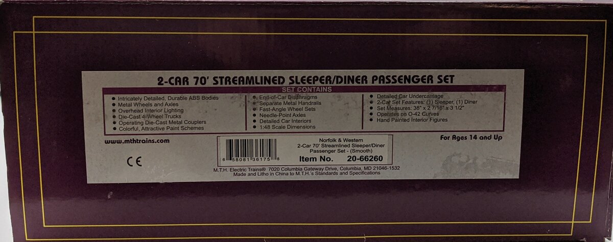 MTH 20-66260 O Norfolk & Western 70' Streamlined Sleeper/Diner Set (Set of 2) EX/Box