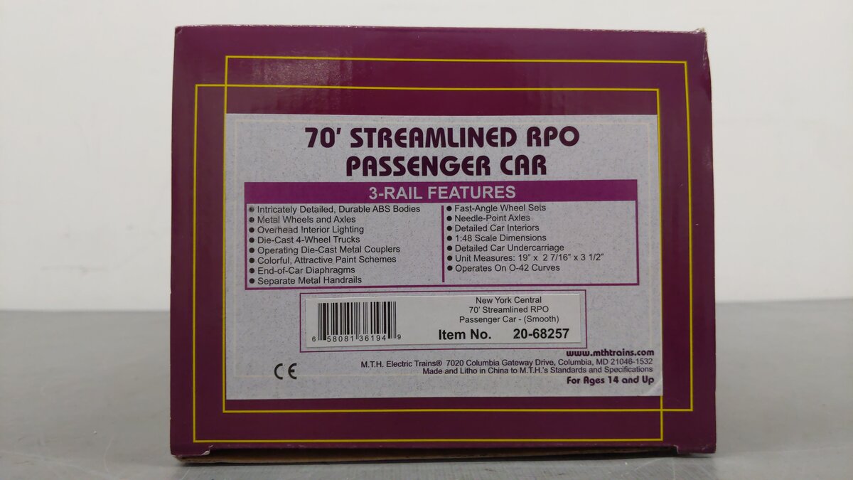 MTH 20-68257 O Gauge New York Central RPO Passenger Car #4909 EX/Box