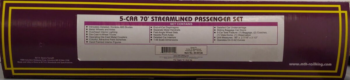 MTH 20-65136 O Santa Fe Premier 70' Streamlined Passenger Car Set (Set of 5)