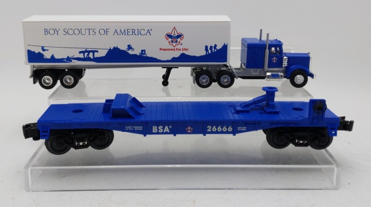 Lionel 6-26666 O Boy Scouts Of America® (BSA) Flatcar w/Tractor Trailer LN/Box