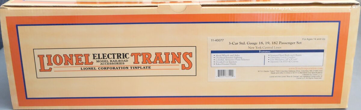 MTH Lionel Lines 11-40077 Std Gauge NYC 3-Car Passenger Set #18, 19, 182 LN/Box