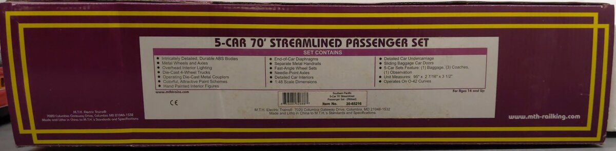 MTH 20-65216 O Southern Pacific 70' Streamlined Passenger Car Set (Set of 5) LN/Box