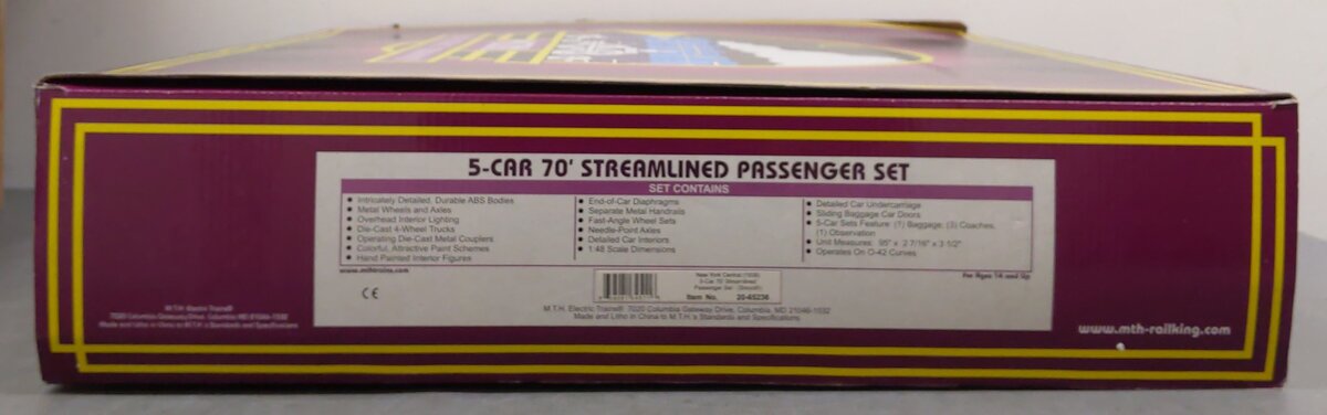 MTH 20-65236 O New York Central 70' Smooth Passenger Cars (Set of 5) LN/Box