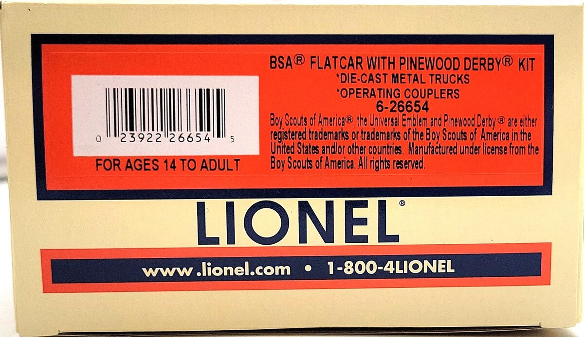 Lionel 6-26654 O Boy Scouts Of America® (BSA) Flatcar w/Pinewood Derby Kit Load LN/Box