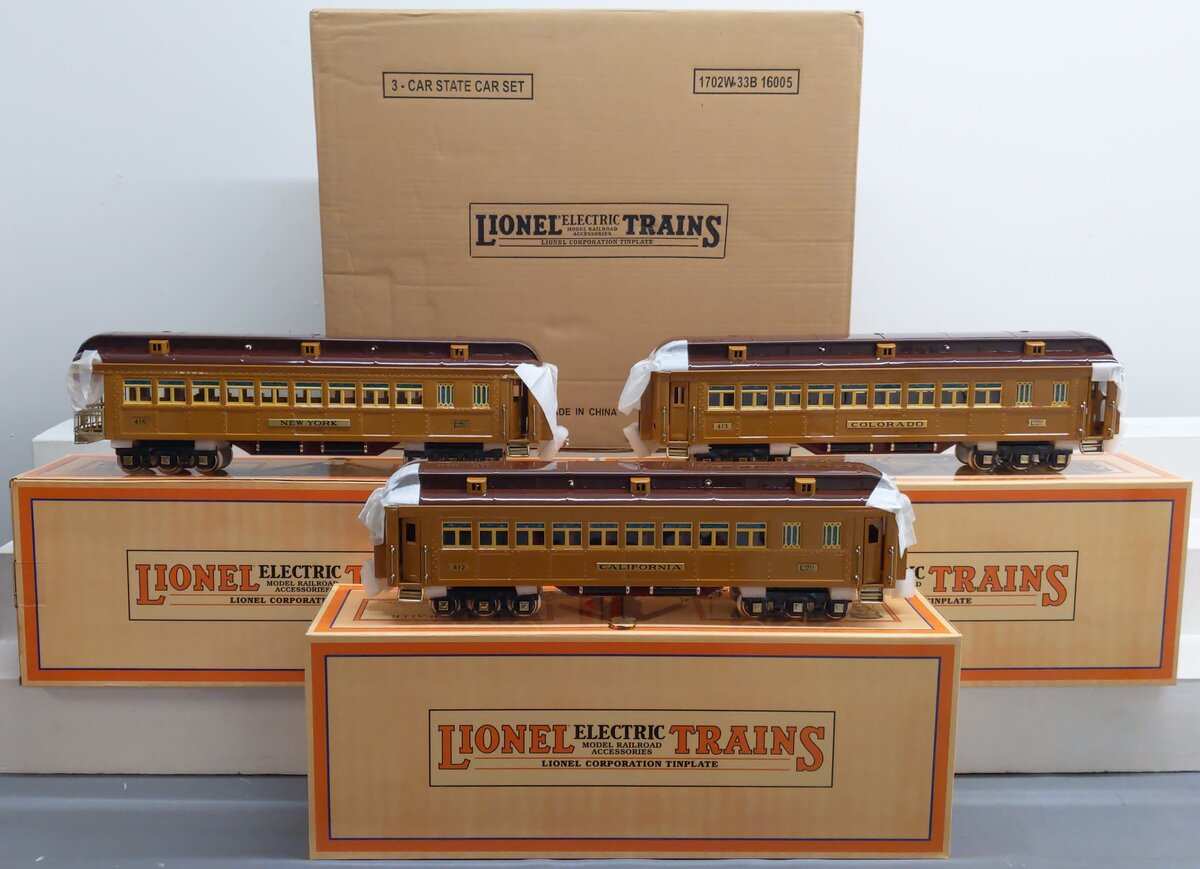 MTH 11-40107 Std. Gauge Two-Tone Brown Lionel Corp. Tinplate 3-Car State Set NIB