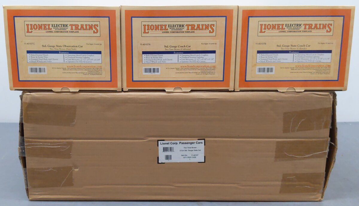 MTH 11-40107 Std. Gauge Two-Tone Brown Lionel Corp. Tinplate 3-Car State Set NIB
