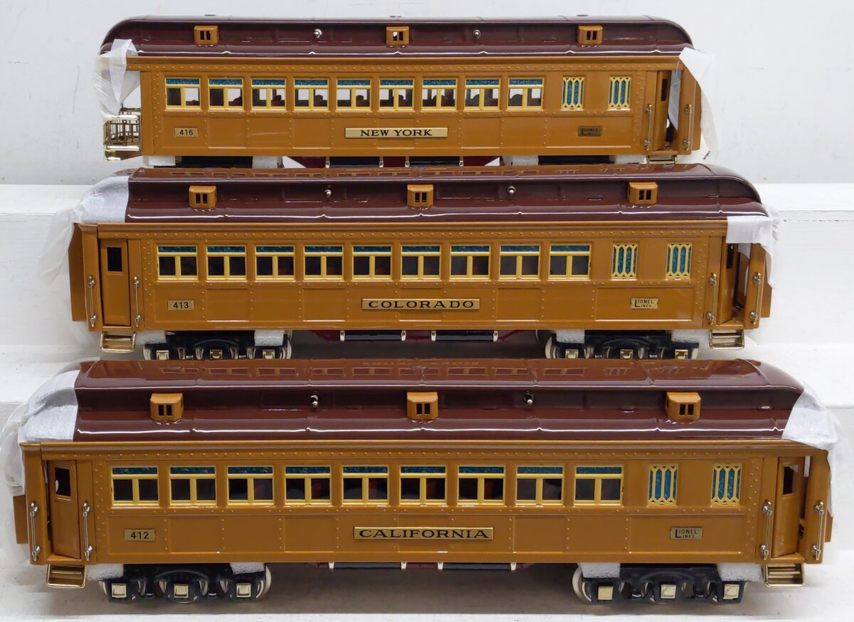 MTH 11-40107 Std. Gauge Two-Tone Brown Lionel Corp. Tinplate 3-Car State Set NIB