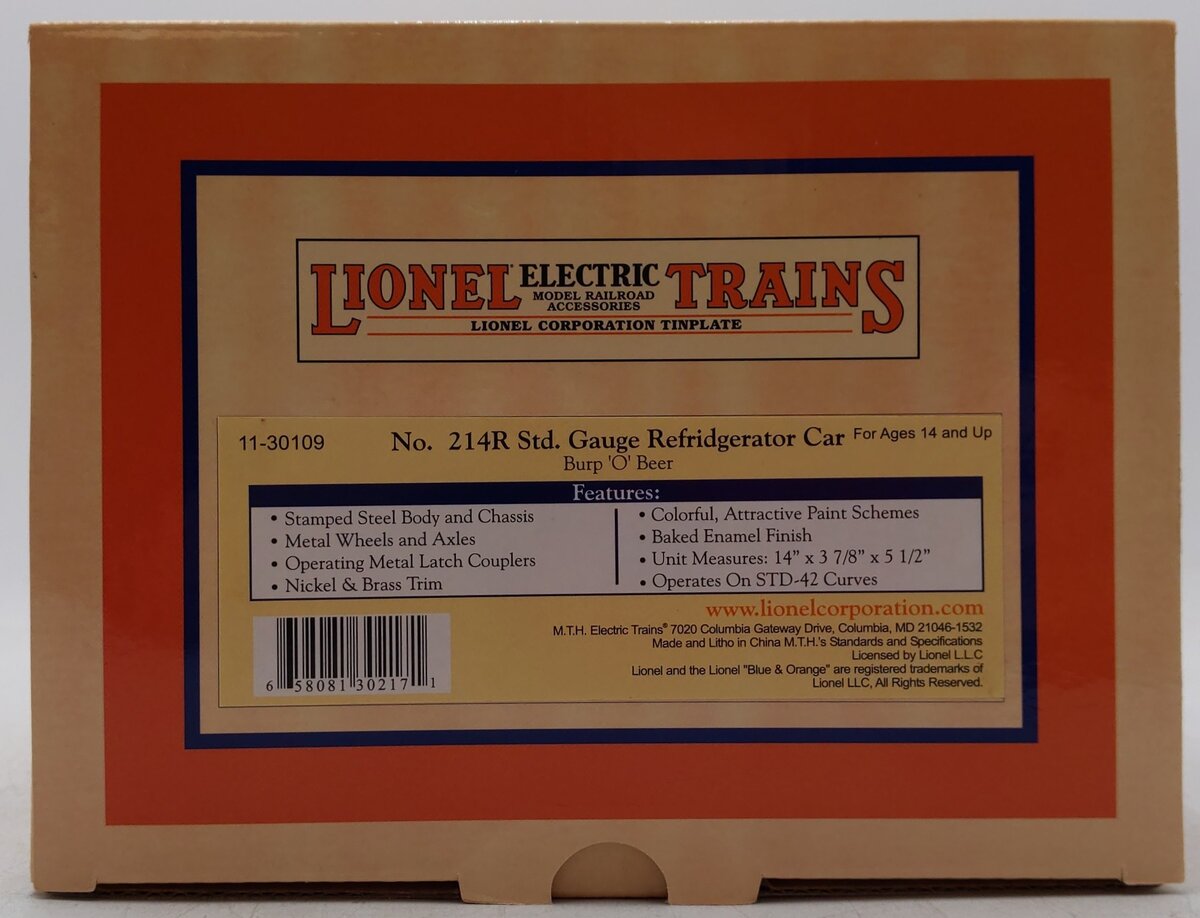 MTH 11-30109 Standard Gauge Burp Oh Beer 214R Refrigerator Car #201 LN/Box