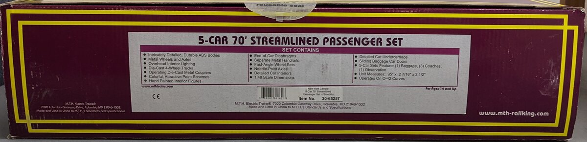 MTH 20-65257 O Gauge NYC 70' Streamlined Passenger 5-Car Set NIB