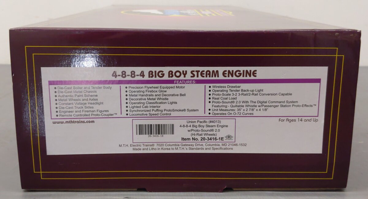 MTH 20-3416-1E O 4-8-8-4 UP 4-8-8-4 Big Boy Steam Engine w/PS2 LN/Box