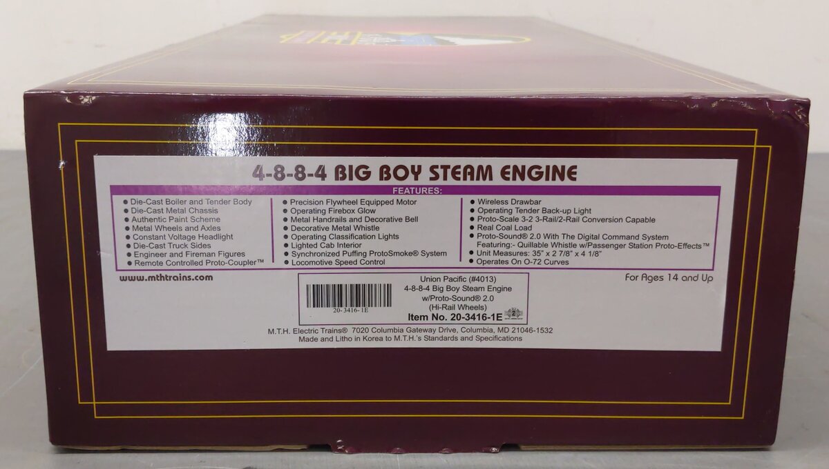 MTH 20-3416-1E O 4-8-8-4 UP 4-8-8-4 Big Boy Steam Engine w/PS2 LN/Box