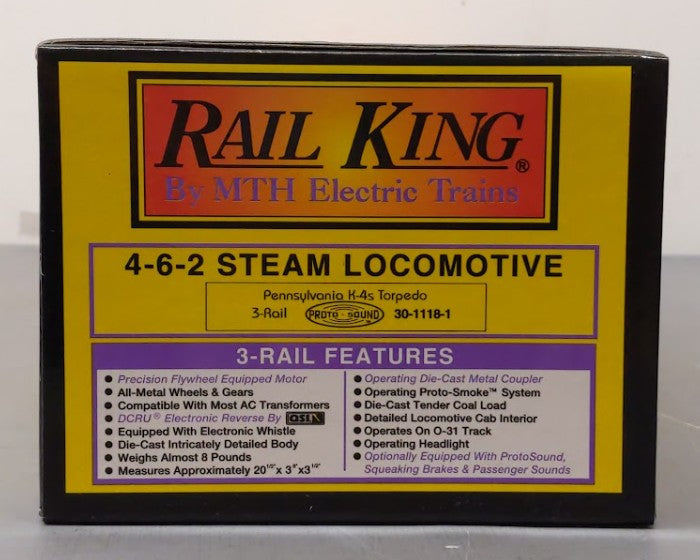 MTH 30-1118-1 O PRR 4-6-2 K-4s Torpedo Steam Locomotive & Tender #3768 w/PS1 LN/Box