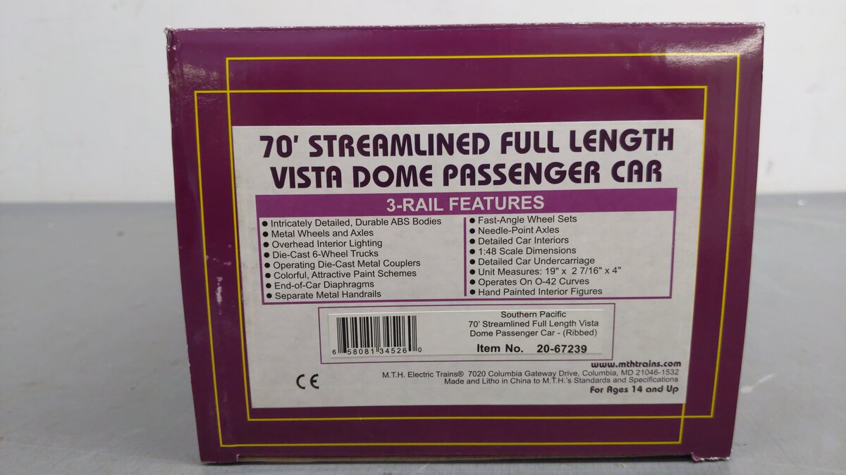 MTH 20-67239 O Southern Pacific 70' ABS Full Length Vista Dome Passenger Car