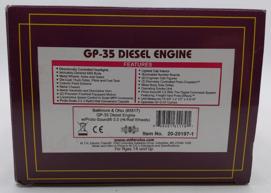 MTH 20-20197-1 O Gauge Baltimore & Ohio GP35 Diesel Engine #3517 with PS3 LN/Box