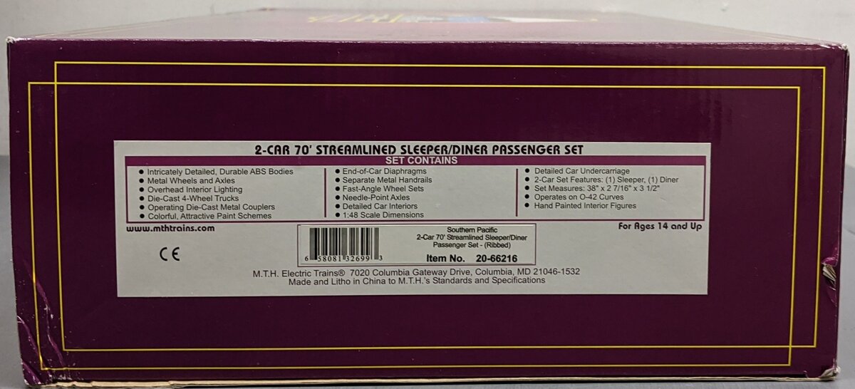 MTH 20-66216 O SP 70' Streamlined Slpr/Diner Passenger Car Set (Set of 2) VG/Box
