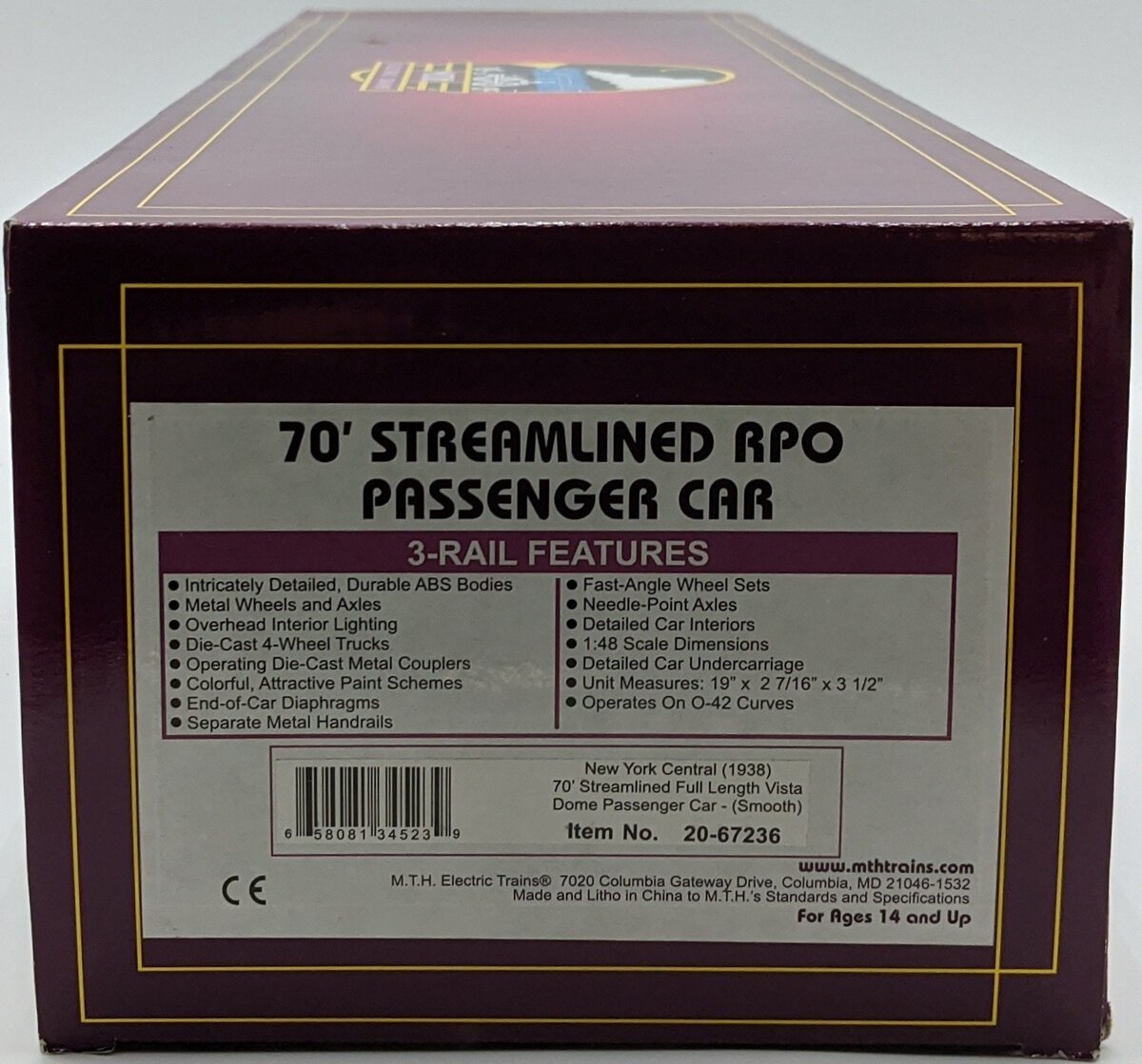 MTH 20-67236 O NYC 70' Steamlined Full Length Vista Dome Passenger Car