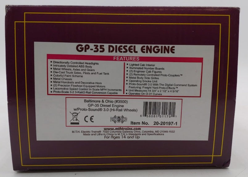 MTH 20-20197-1 O Gauge Baltimore & Ohio GP35 Diesel Engine #3500 with PS3 LN/Box