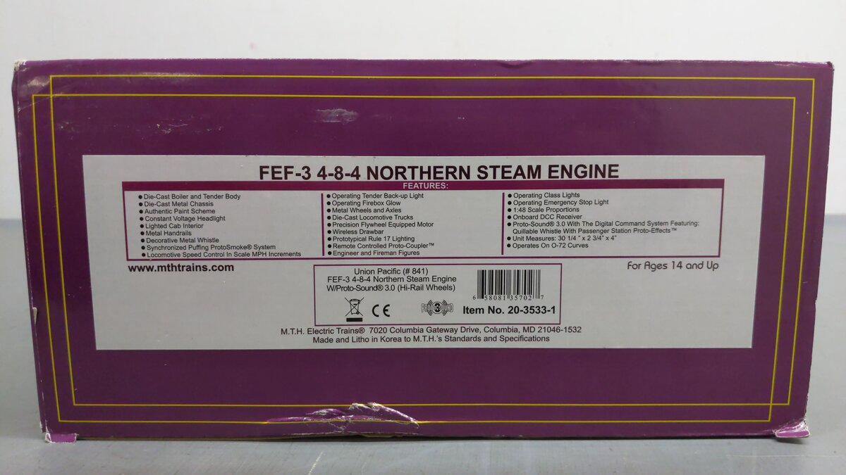 MTH 20-3533-1 O Gauge Union Pacific FEF-3 4-8-4 Steam Engine & Tender w/ PS 3.0 EX/Box