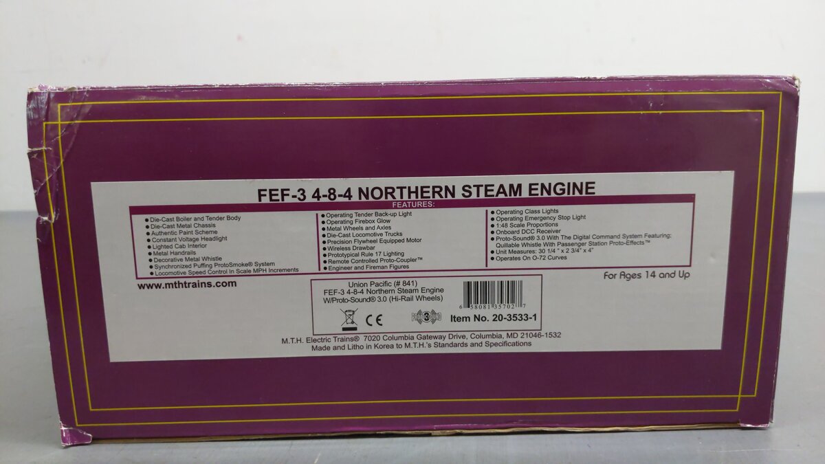 MTH 20-3533-1 O Gauge Union Pacific FEF-3 4-8-4 Steam Engine & Tender w/ PS 3.0 EX/Box
