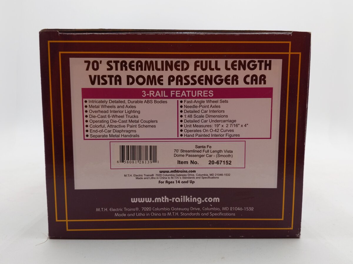 MTH 20-67152 O Gauge Santa Fe 70' Full Length Vista Dome Passenger Car (Smooth) LN/Box
