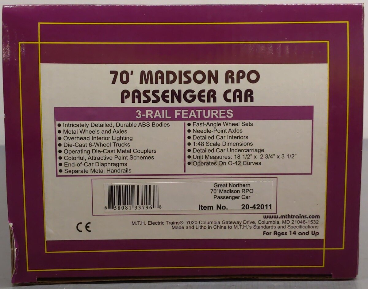 MTH 20-42011 O Great Northern 70' Madison RPO Car LN/Box
