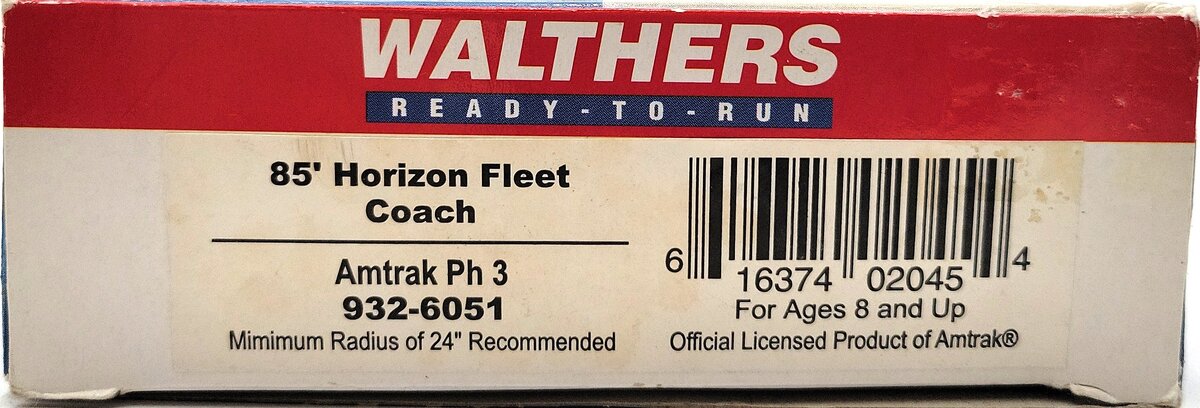 Walthers 932-6051 HO Scale Amtrak 85' Horizon Fleet Coach Car EX/Box