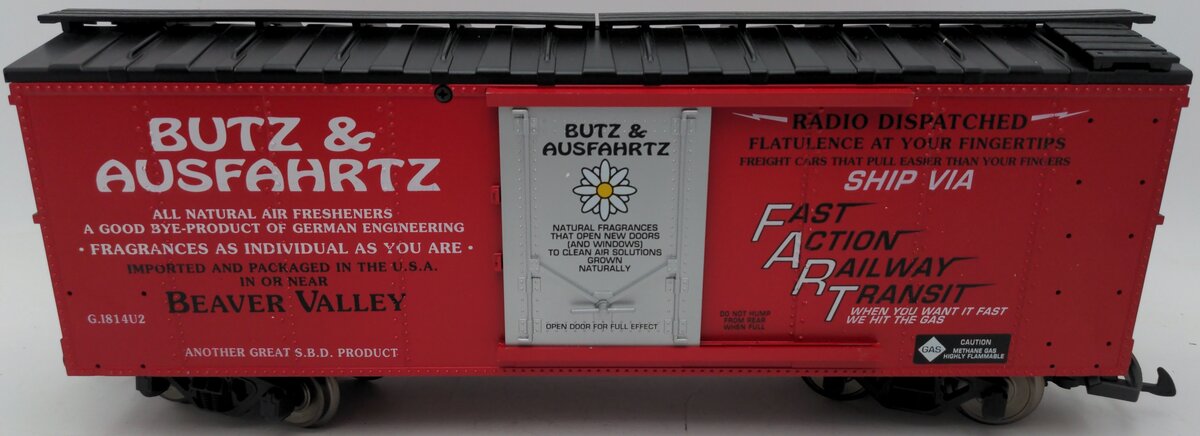 USA Trains San Val Discount Butz & Ausfahirtz Steel Box Car w/ Fart Machine EX/Box