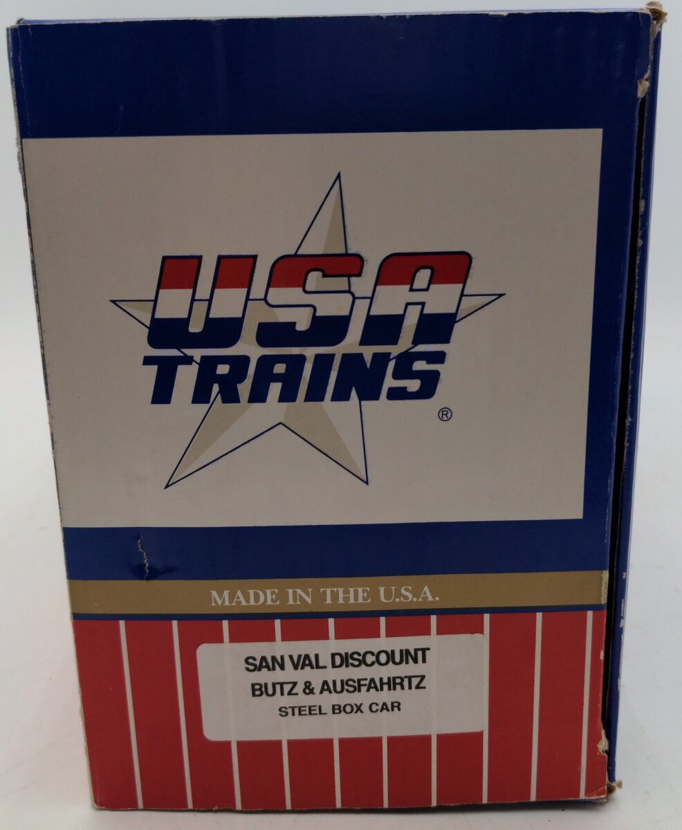 USA Trains San Val Discount Butz & Ausfahirtz Steel Box Car w/ Fart Machine EX/Box