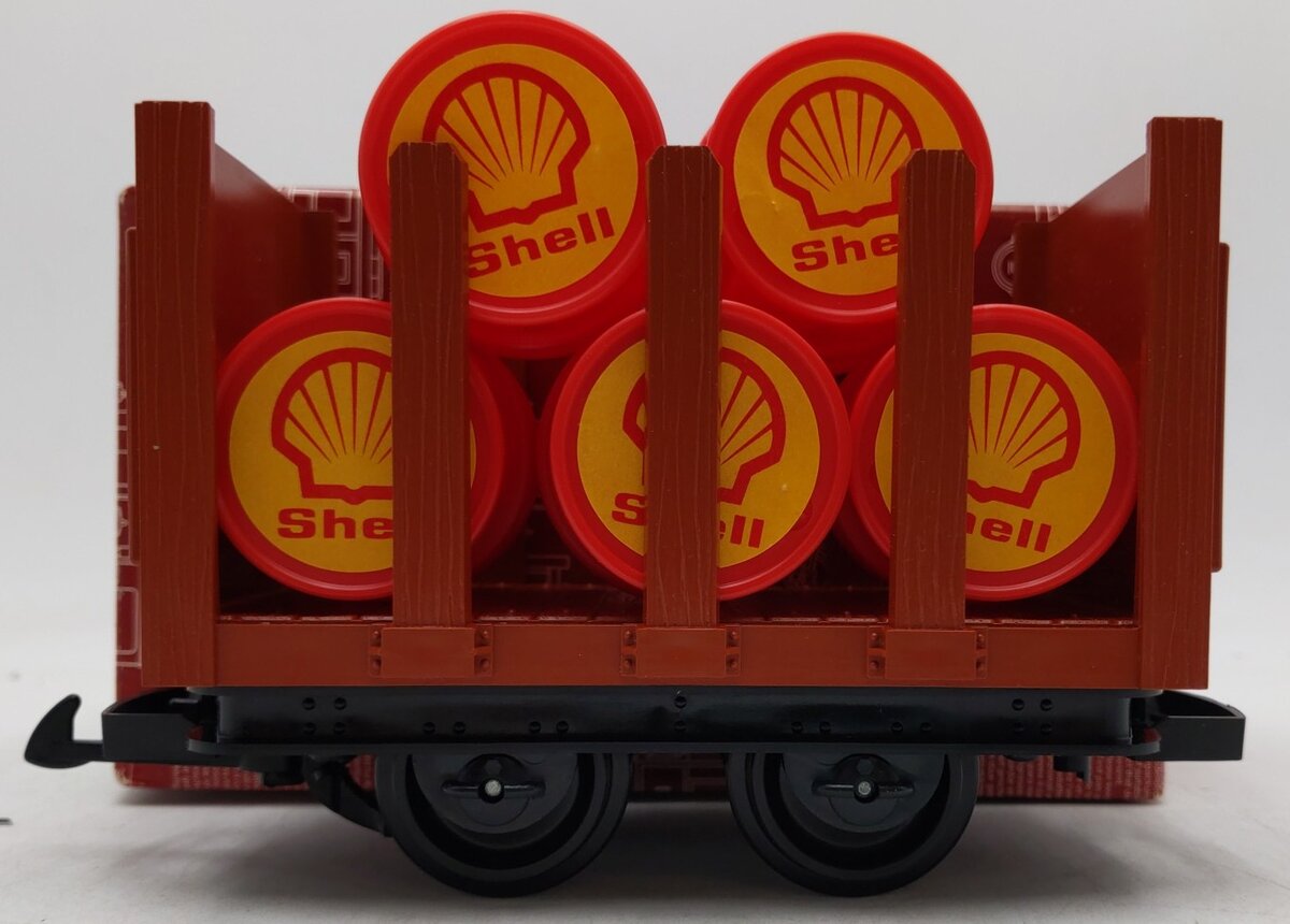 LGB 40450 G Scale Red/Brown Flatcar with Stakes & 5 Barrel Load LN/Box