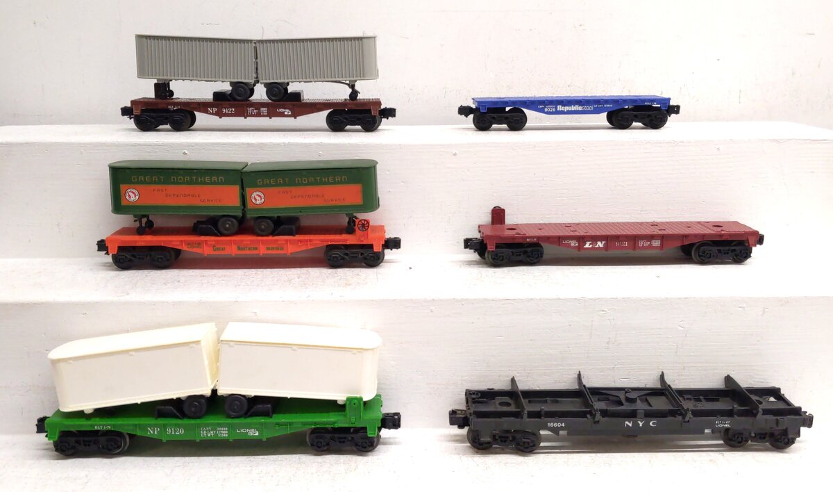 Lionel O Gauge Assorted Freight Cars: 9121, 16604, 9026, 9122, 9282, 9120 [6] EX