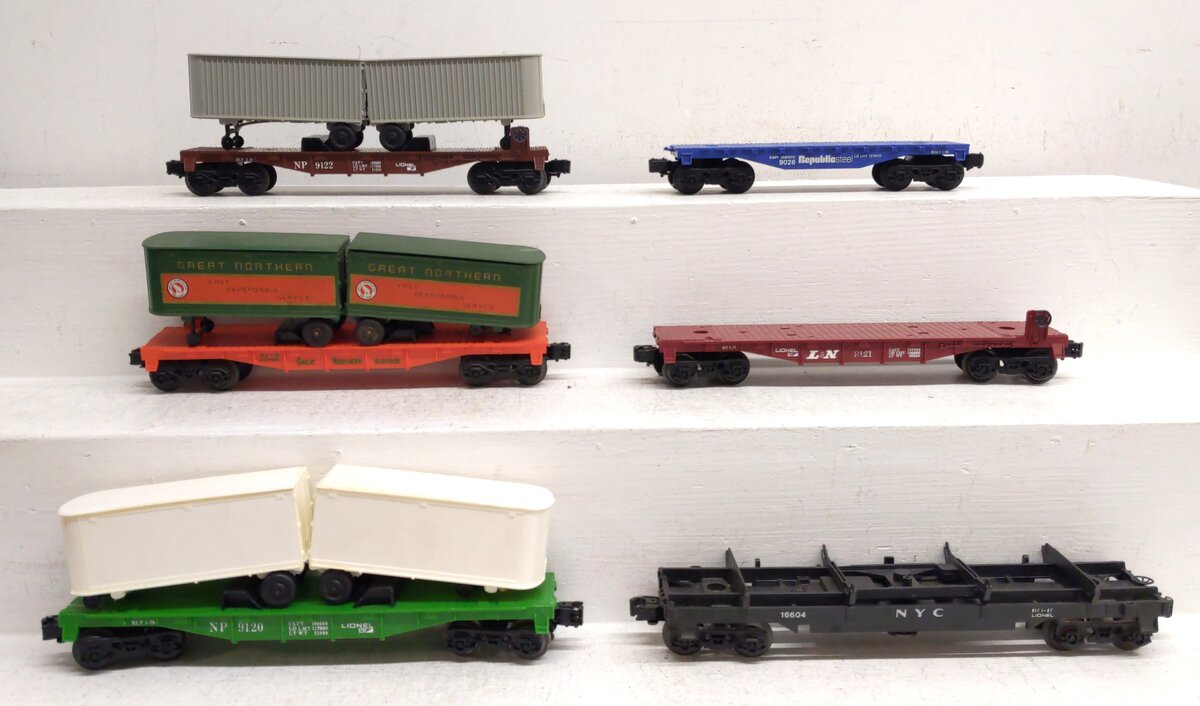 Lionel O Gauge Assorted Freight Cars: 9121, 16604, 9026, 9122, 9282, 9120 [6] EX