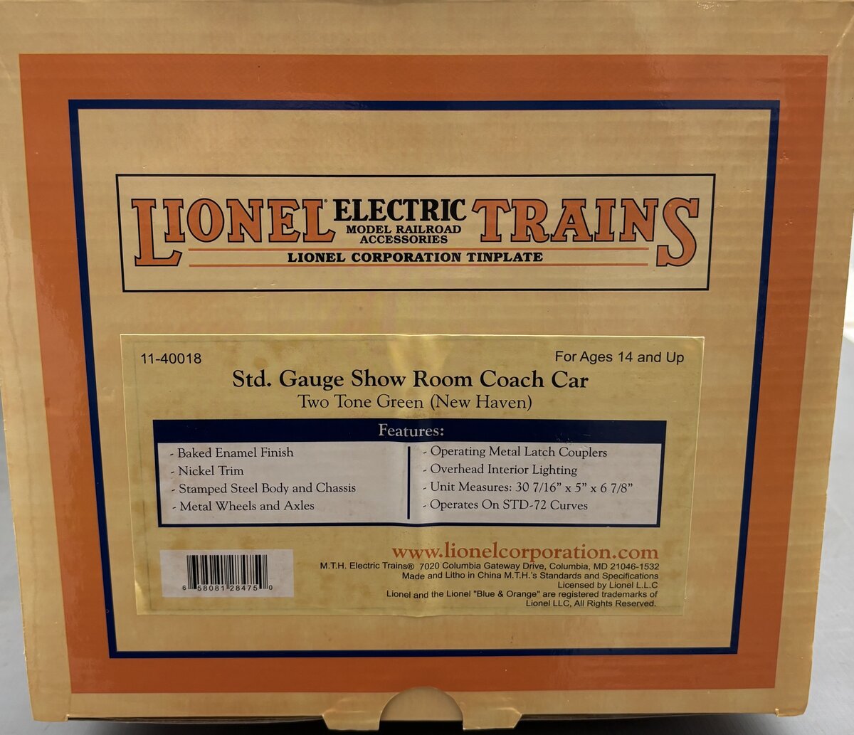 Lionel 11-40018 Std. Gauge New Haven Two Tone Green Show Room Coach Car #1909 LN/Box