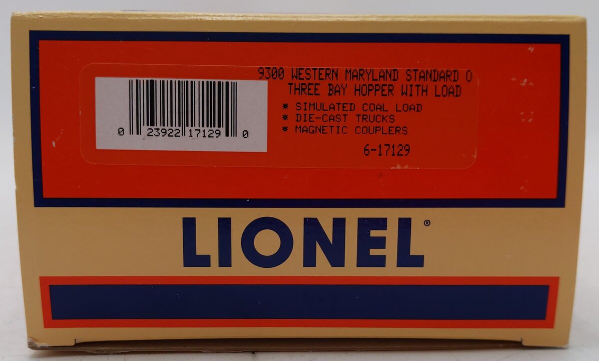 Lionel 6-17129 O Gauge Western Maryland 3-Bay Hopper Car w/Coal Load #9300 EX/Box